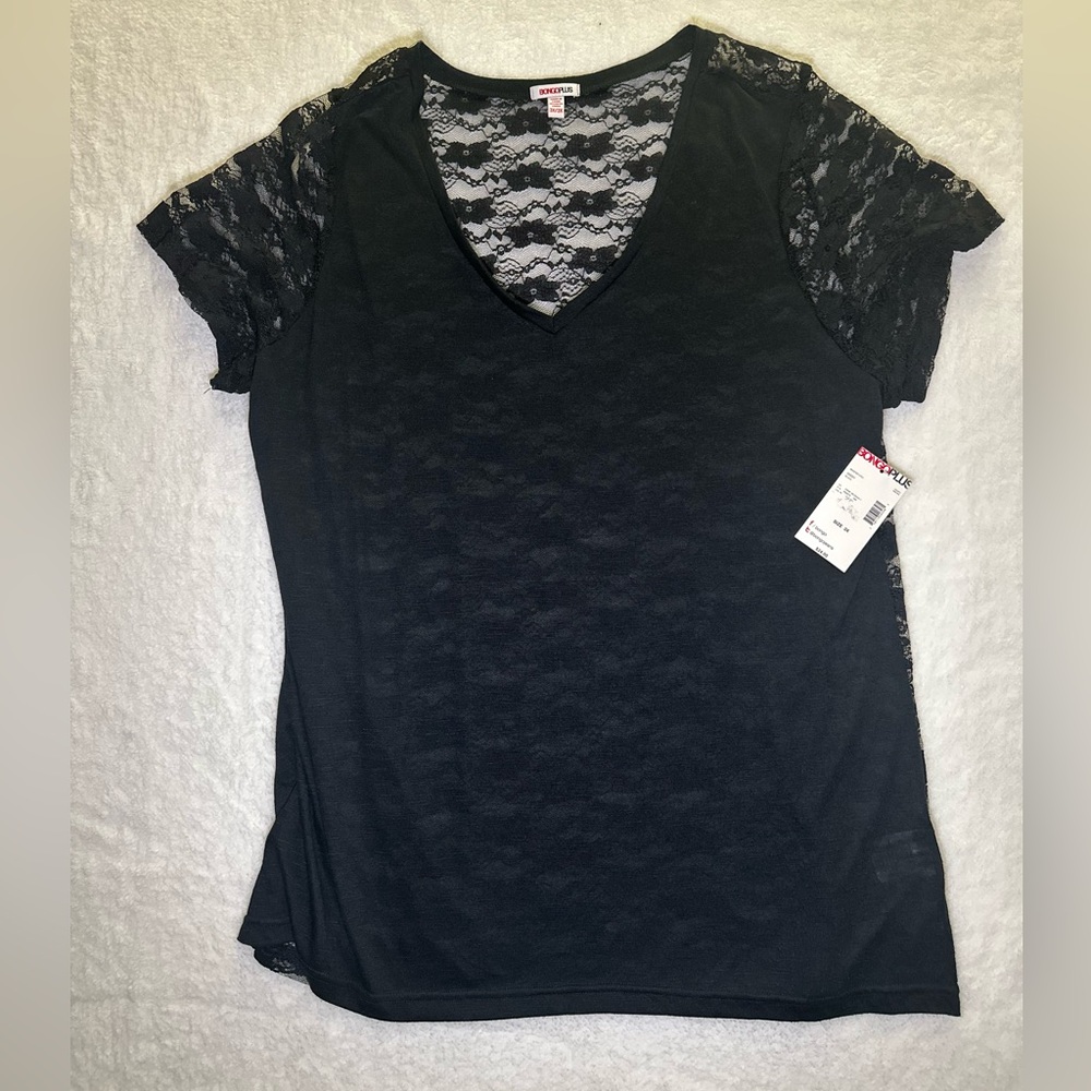 BONGOPLUS MISSY BLACK LACE BACK TRANSPARENT FRONT V-NECK SHIRT 3X NWT (8016)